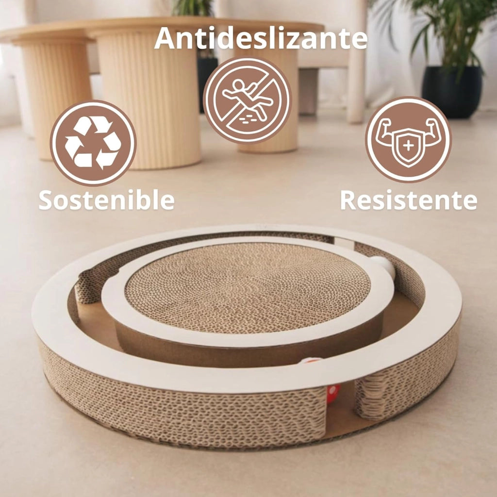 Gioco tiragraffi per gatti TIMÓN, base antiscivolo in cartone riciclato e palline rotanti 40 x 40 x 5 cm