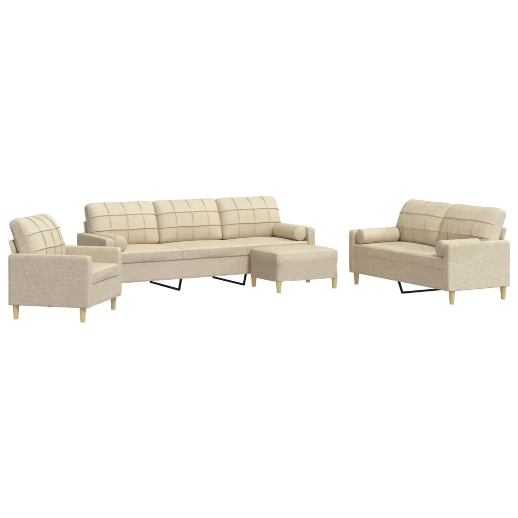 Set Divani 4 pz con Poggiapiedi e Cuscini Crema Tessuto