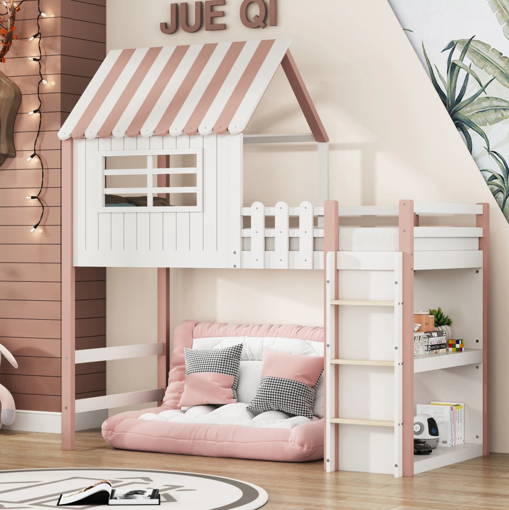 Letto per bambini a casetta rosa 90 x 200 cm con scala e rete