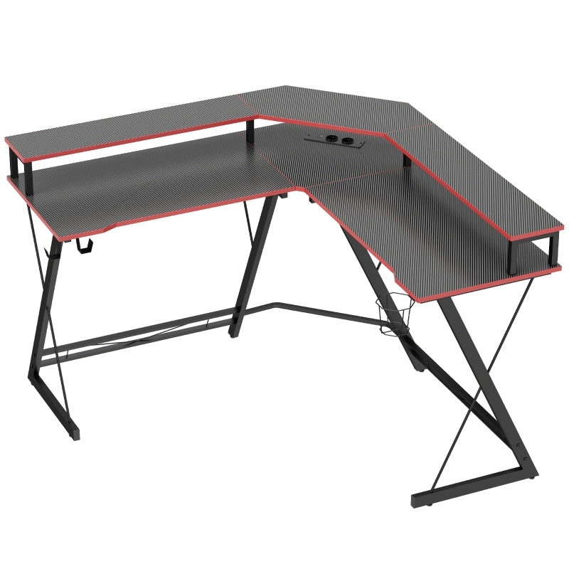 Scrivania ad L 128 cm con prese elettriche, supporto monitor, gancio cuffie e portabicchieri