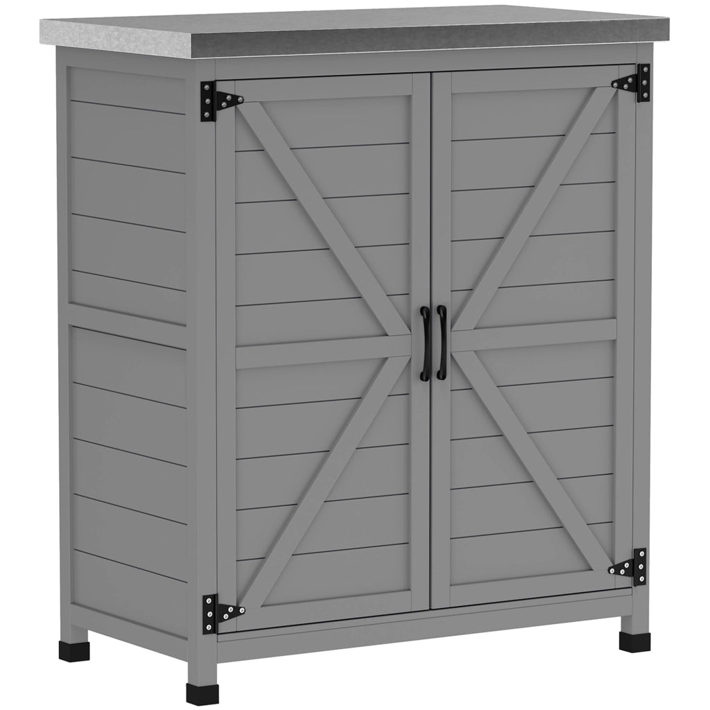 Armadio da giardino in legno Capanno da giardino impermeabile con piano di lavoro; doppia porta; mensole; mobile da giardino Armadio per il deposito Armadietto poliuso per giardino; terrazza 79 x 43 x 92 cm grigio