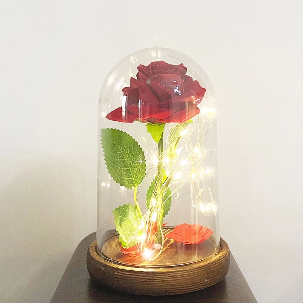 Trade Shop - Rosa Eterna Incantata La Bella E La Bestia In Cupola Con Base Legno E Luci A Led -