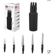 Trade Shop - Set Ceppo 5 Pezzi Coltelli Coltello Nero Design Elegante Utensili Da Cucina -
