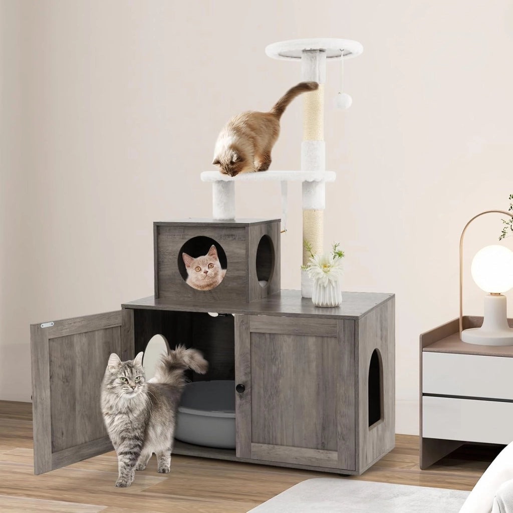 Tiragraffi per Gatti Adulti con Rifugio ad Ante Nascosto, Torre per Gatti con Cuccia, Piattaforma, Cuscini e Tiragraffi, Albero per Animali Grandi Alto in Legno, 77,5 x 49 x 132 cm (Grigio)