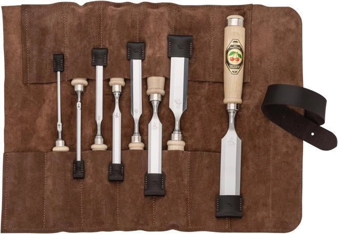 Kirschen 1131002 Set di Scalpelli 8 Pezzi in Acciaio al Carbonio Temprato con Borsa in Pelle Scamosciata colore Beige