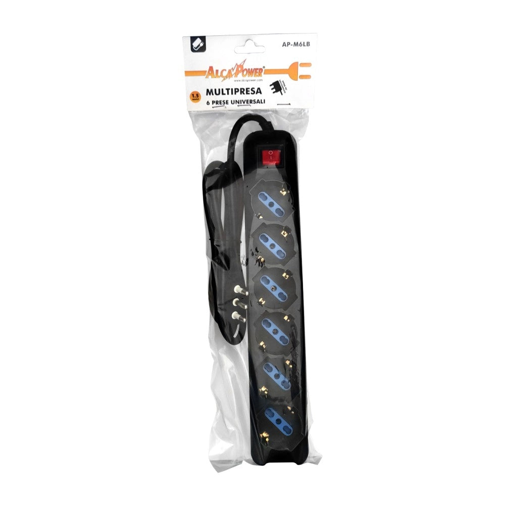 Alca power multipresa nera con 6 prese universali spina a 90° cavo da 1,5mt con interruttore