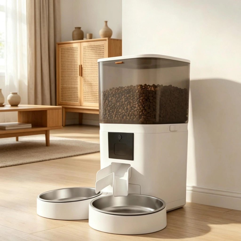 Distributore automatico di cibo ULEVR 6 L con doppia ciotola in acciaio inox, Wi-Fi Tuya, bianco e nero