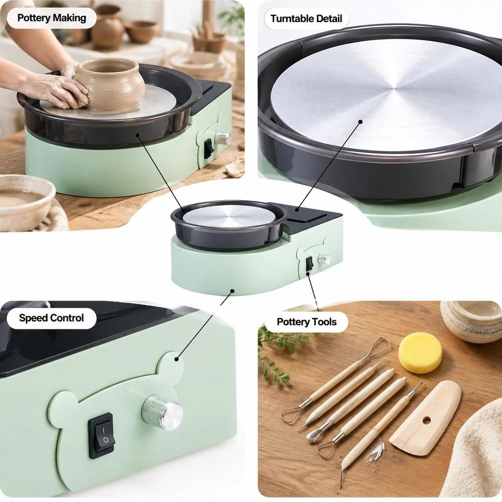 Mini Pottery Wheel Machine, 158 Mm Turntable With Adjustable Rotation Speed, Electric Clay Wheel With Clay Shaping Tools, Suitable For DIY Pottery Classes, Green