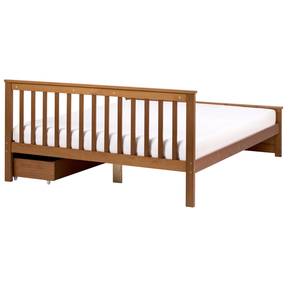 Letto matrimoniale in legno di Pino marrone con contenitore e 2 cassetti 160 x 200 cm Testiera a doghe minimalista