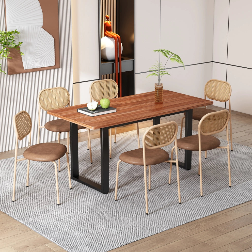 OKWISH Set di 2 Sedie da Pranzo con Schienale Ovale in Rattan, Gambe in Metallo e Seduta Ergonomica, PU Marrone