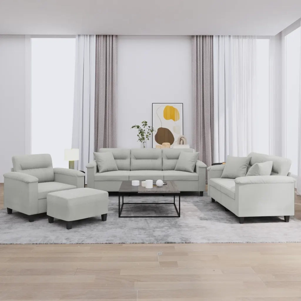 Set Divani 4 pz con Cuscini Grigio Chiaro in Tessuto Microfibra