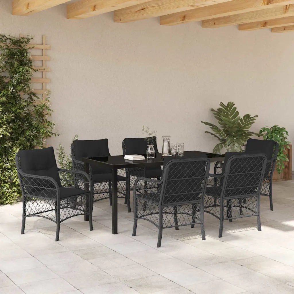 Set da Pranzo per Giardino con cuscino 7 pcs Nero polyrattan