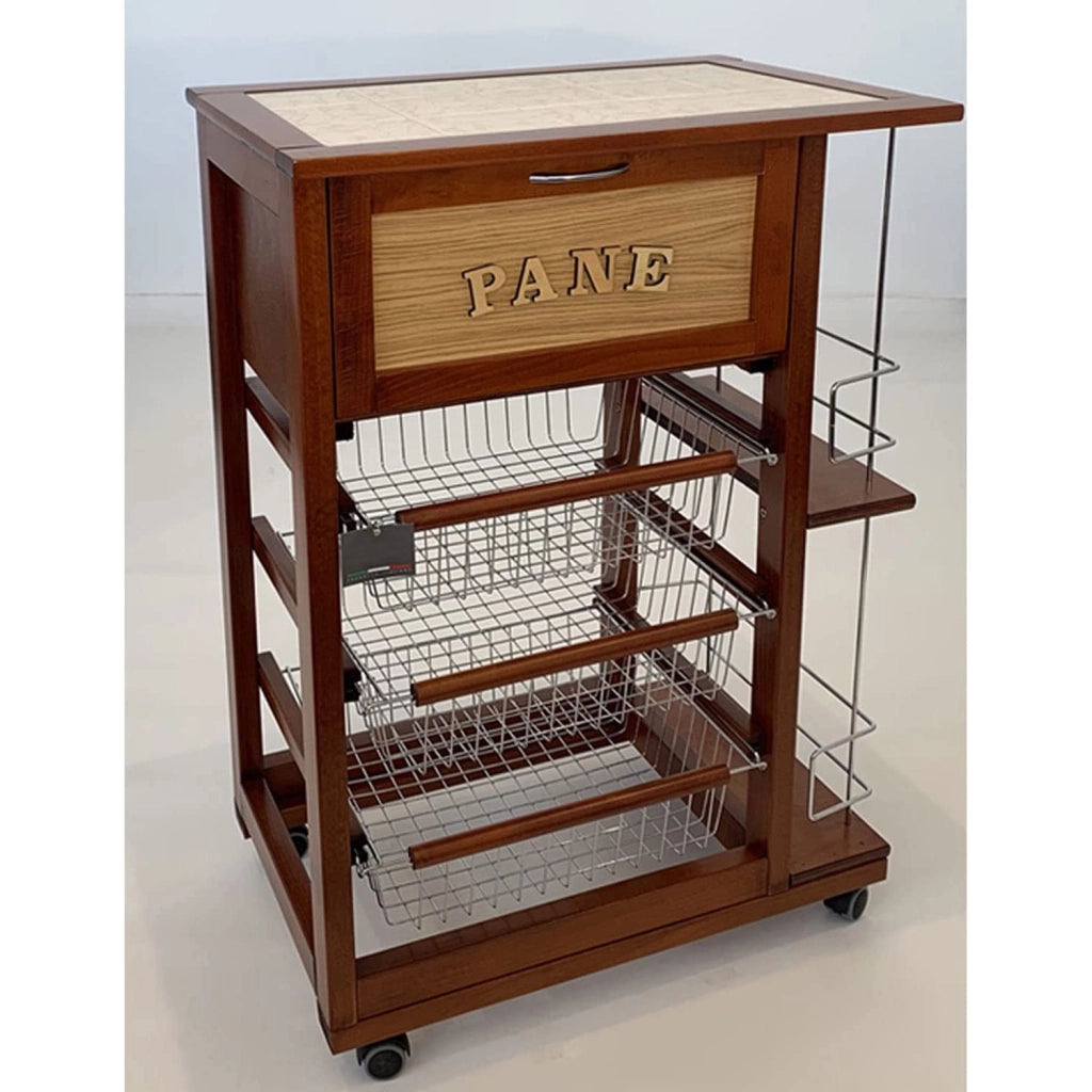 Carrello Cucina Salvaspazio In Legno Di Faggio Con Cassetto E Cesti Contenitori Portabottiglie Vino 4 Ruote Girevol Noce