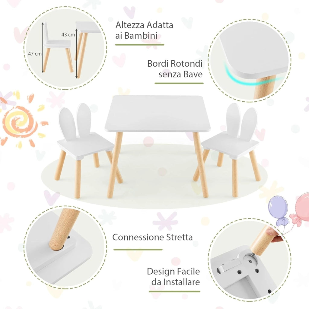 Set Tavolino Bambini con 2 Sedie a Coniglio, Set Tavolo e Sedie per Bambini con Gambe in Legno di Pino, per Bambini da 3 a 6 Anni, per Giocare, Disegnare e Leggere, Bianco