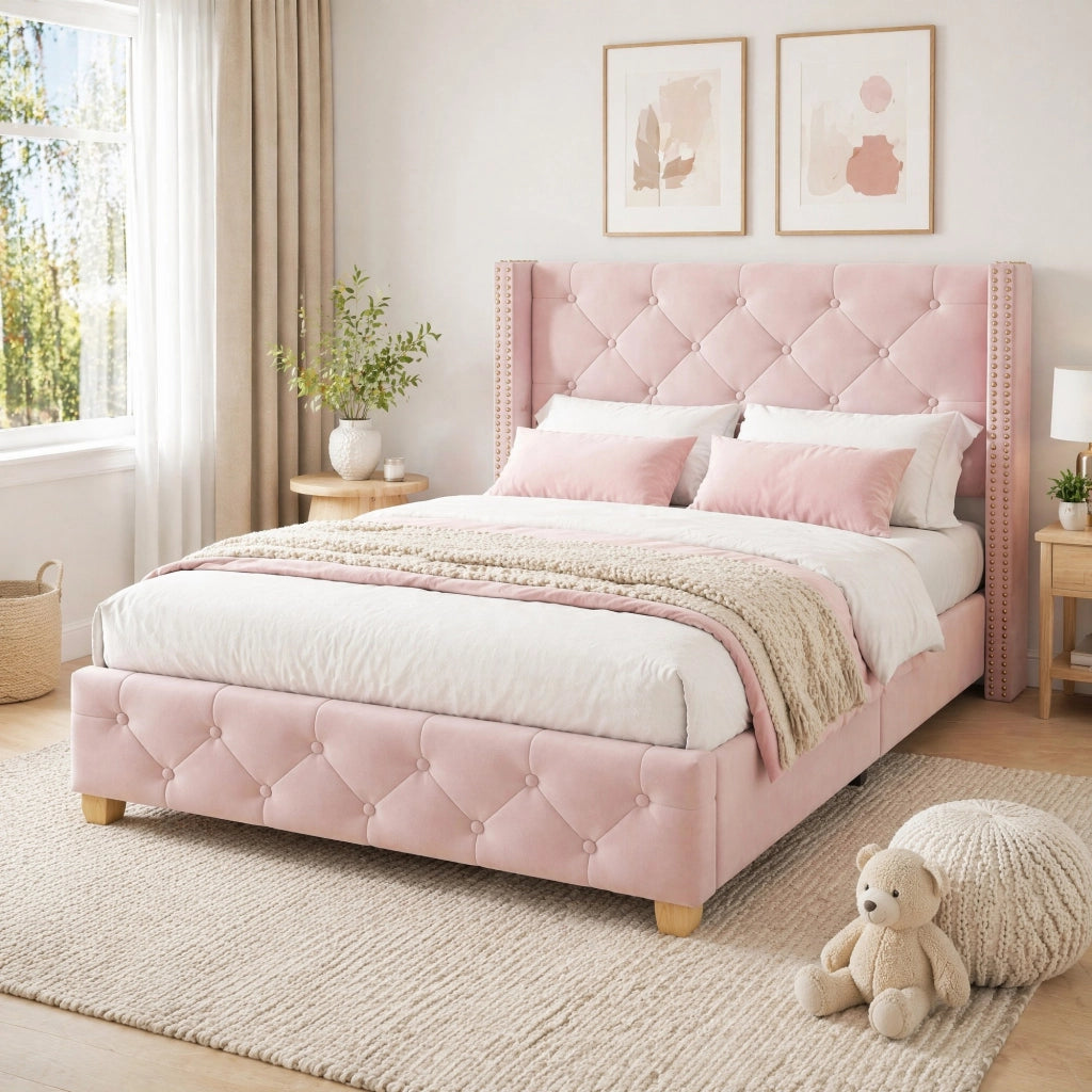 Letto singolo imbottito in velluto rosa 90x200 cm con rete a doghe
