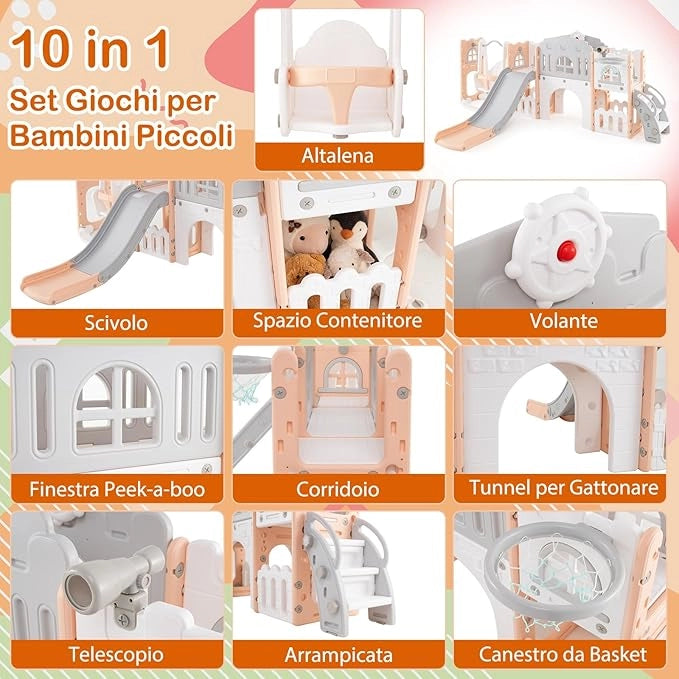 10 in 1 Parco Giochi per Bambini, Set Altalena e Scivolo con Canestro da Basket Telescopio Volante, Palestra da Gioco per Bambini 1 Anni + (Rosa)