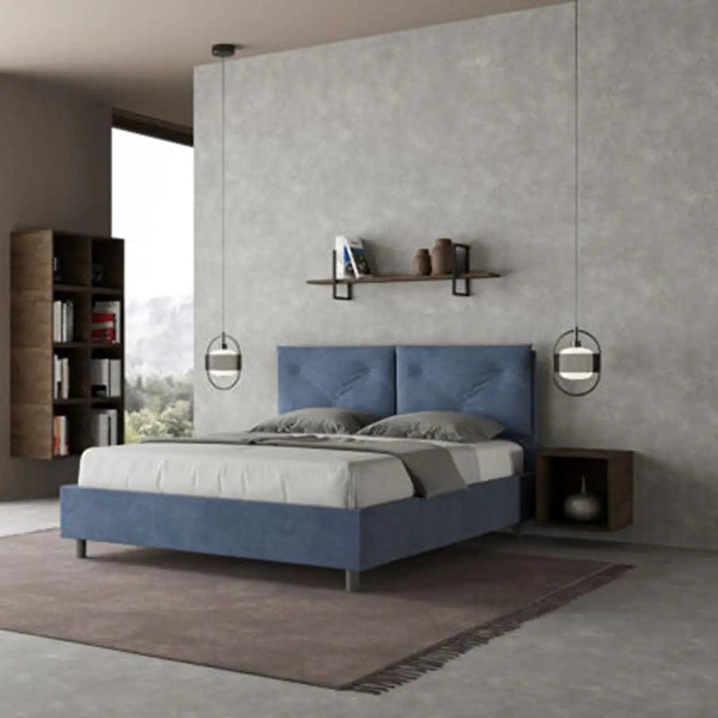 Letto matrimoniale con rete imbottito 160x210 microfibra blu Appia