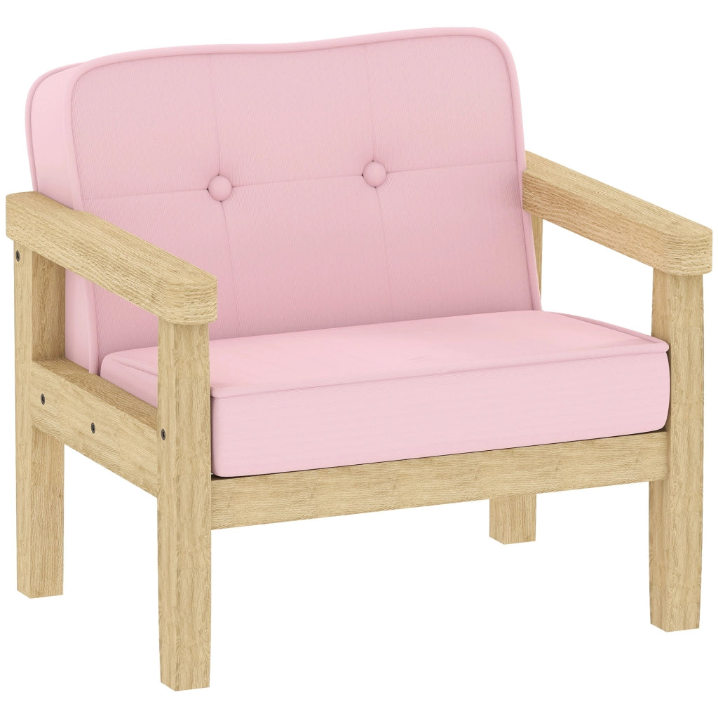 Poltroncina per bambini in tessuto a coste rosa con gambe in legno massello, sedia imbottita per cameretta e giochi, 46,5 x 44 x 45 cm