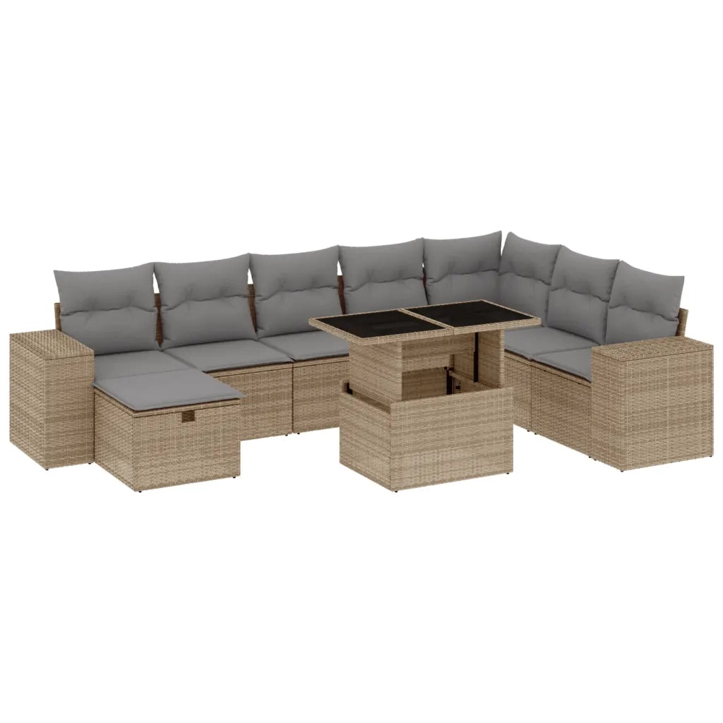Set Divano da Giardino 9 pz con Cuscini Beige in Polyrattan