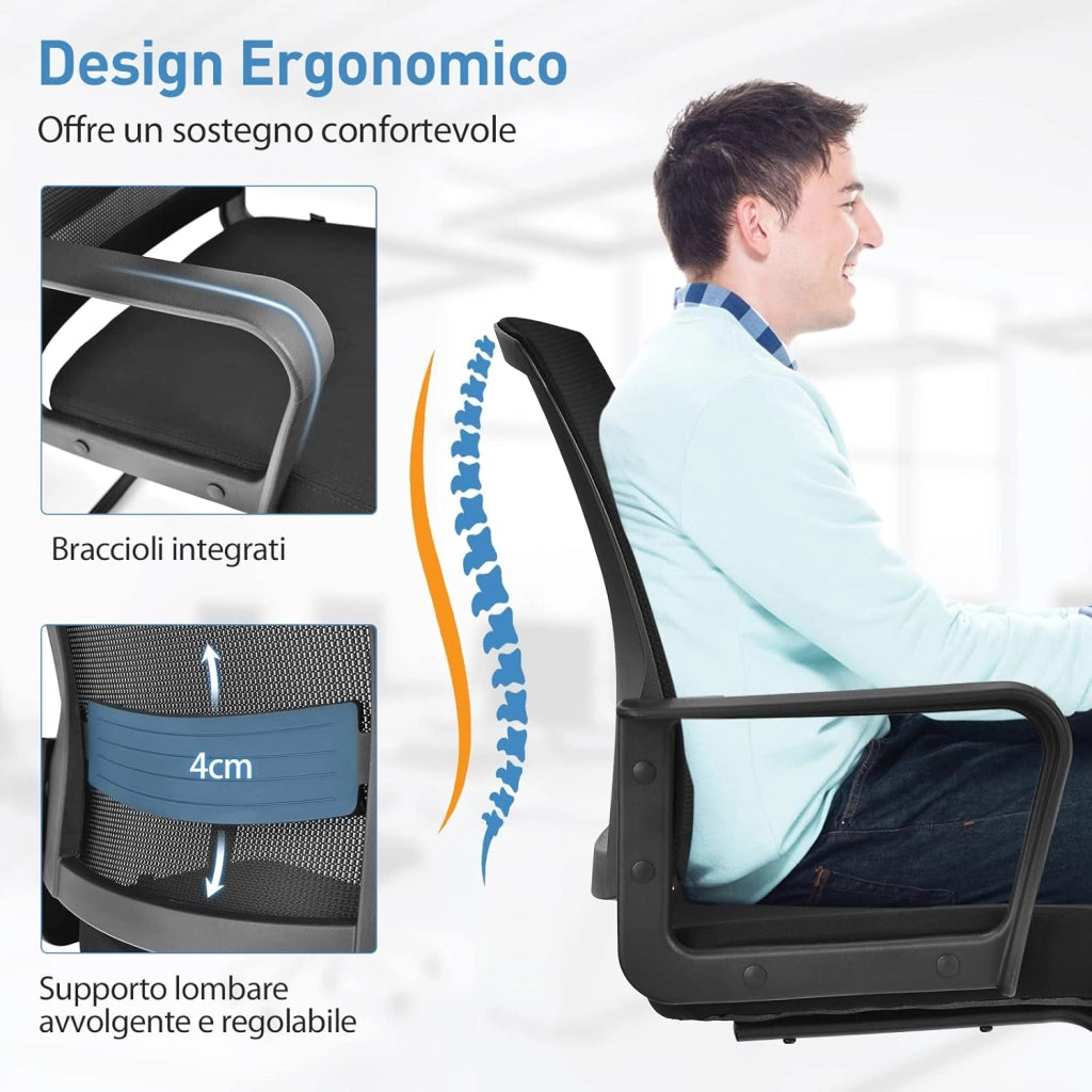Sedia Cantilever, Sedia da Ufficio Ergonomica con Supporto Lombare Regolabile, Poltrona in Rete, con Schienale e Braccioli (54,5 x 60 x 94 cm, nero, 1)