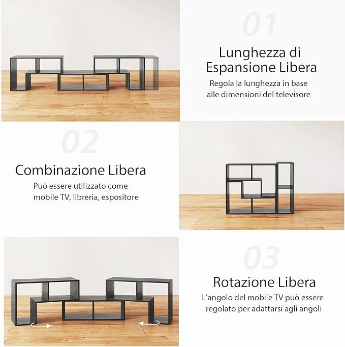 Mobile Porta TV Combinabile con Ripiani Aperti, per TV Fino a 65 Pollici, Mobile TV di Legno per Camera da Letto, Soggiorno, Capacità di Carico Massima 80 kg, 134-180 x 30 x 43 cm (Grigio)