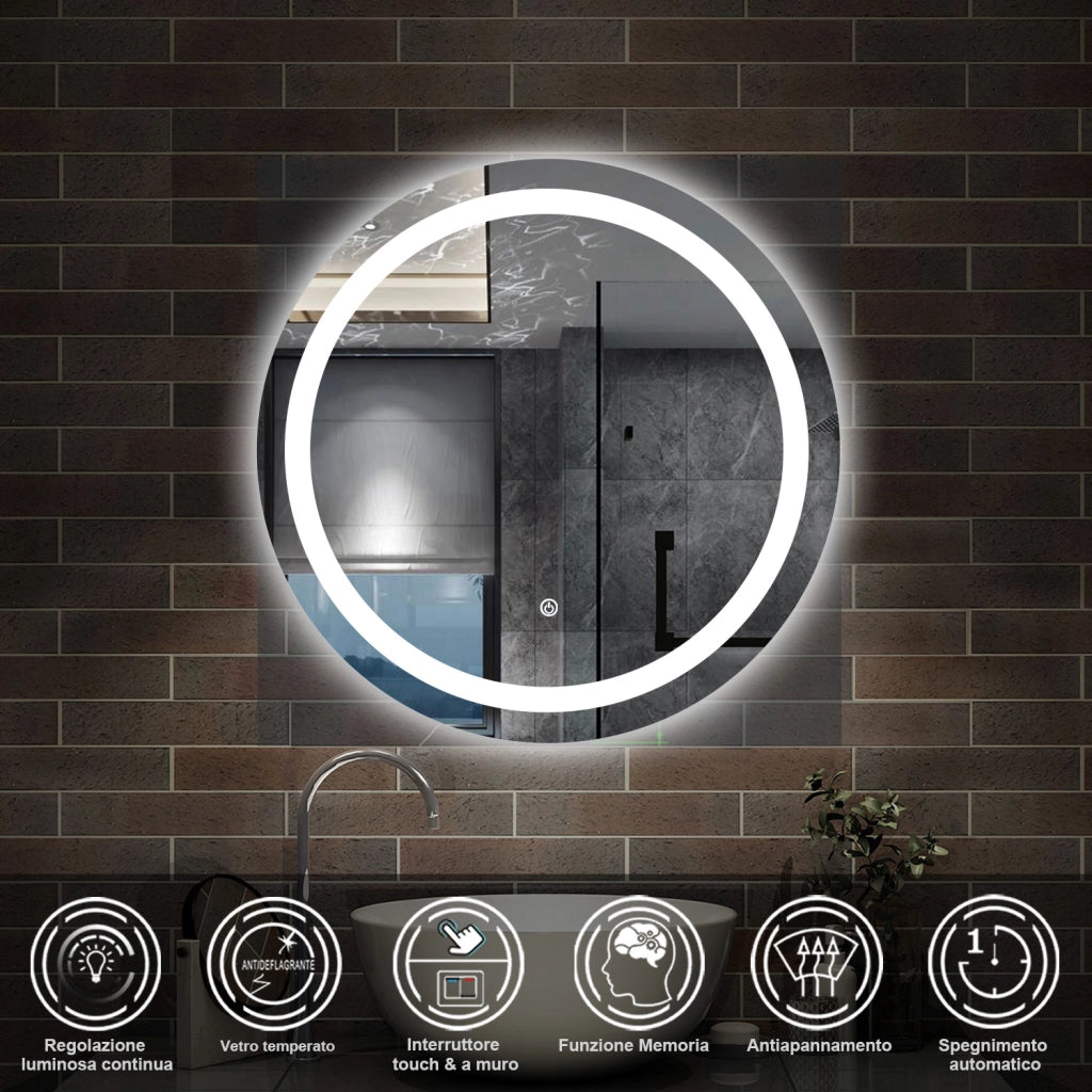 specchio 60 cm rotondo con luce led antiappannamento e touch