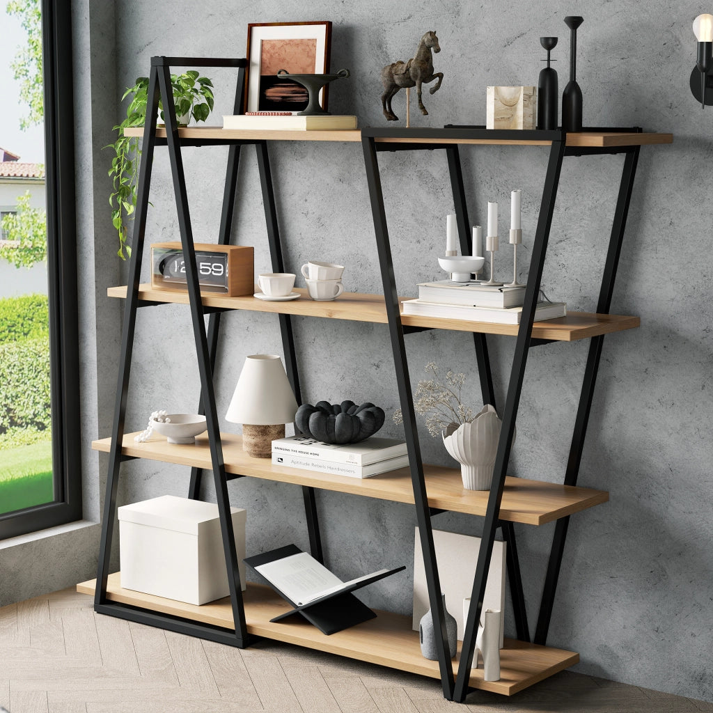 SCAFFALE Geometrico 158x35x166 cm MDF e Metallo Nero Marrone a 4 Ripiani