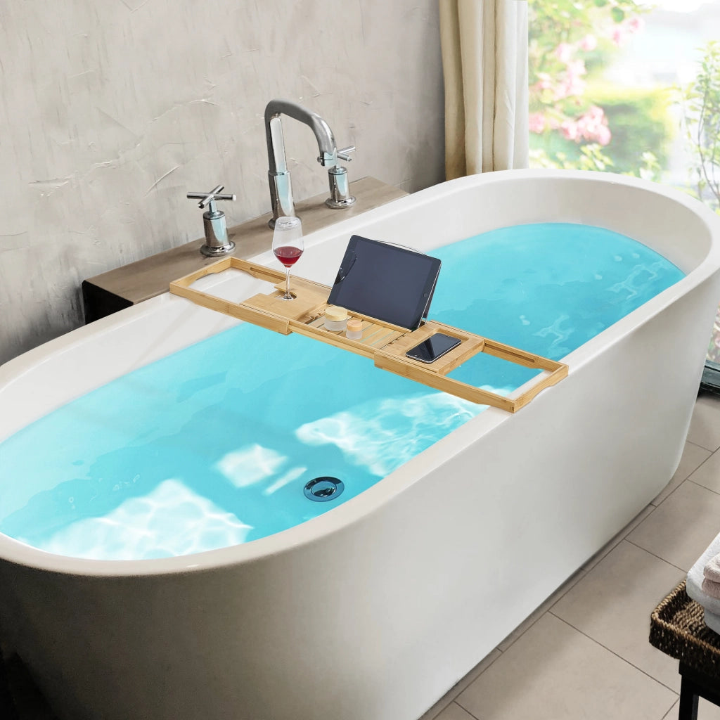 Mensola Allungabile per Vasca da Bagno 'Orivesi' Vassoio in Bambù con Porta Tablet, Porta Cellulare, Porta Calice [en.casa]