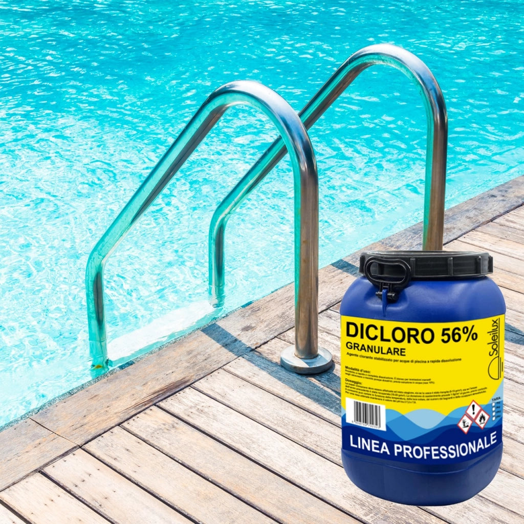 Dicloro Cloro Granulare 56% Rapido per Piscina - 25 kg, Dicloro Stabilizzato a Rapida Dissoluzione per Trattamento Shock, Mantenimento, Iperclorazione, Pulizia ed Igiene dell'Acqua di Piscine