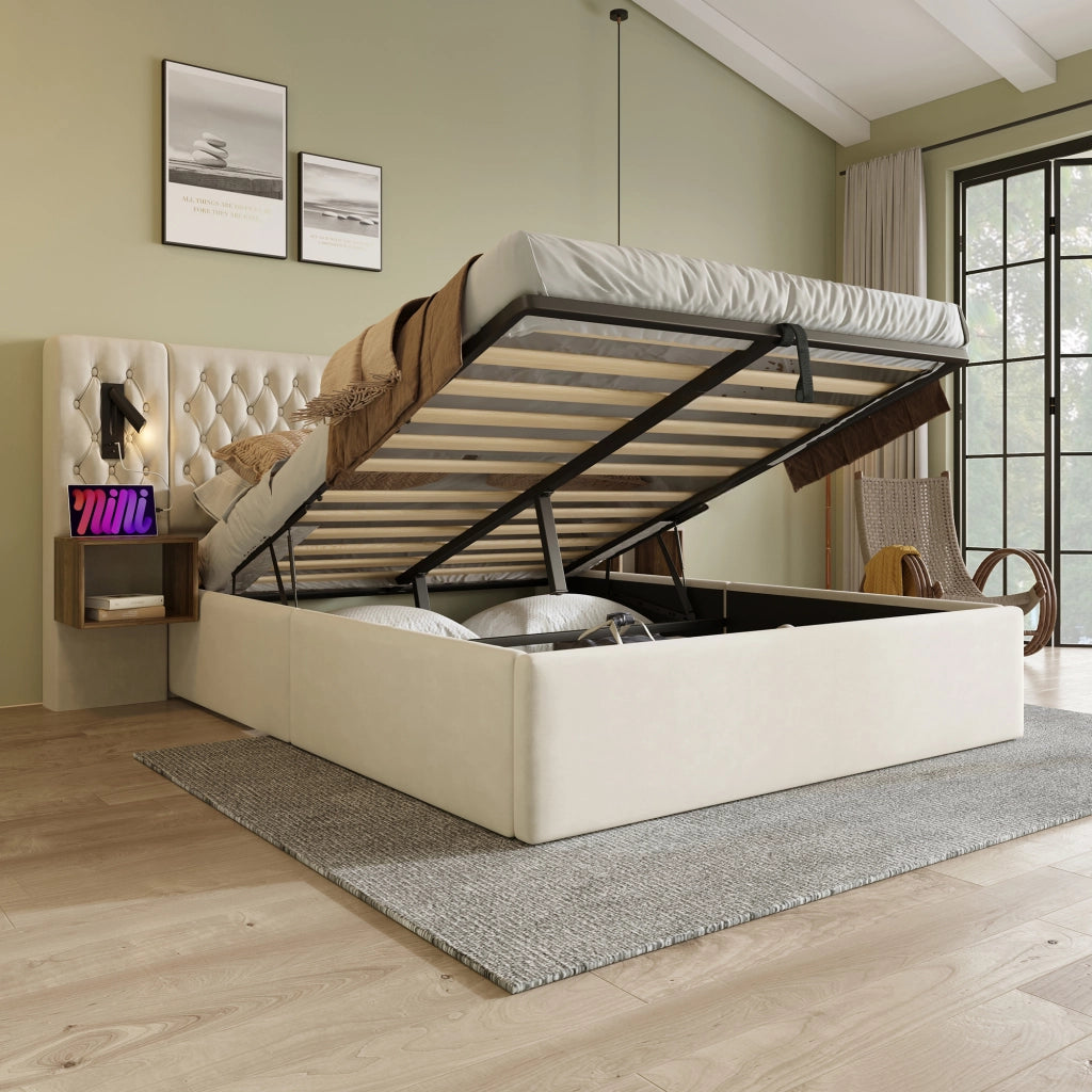 Letto matrimoniale con contenitore idraulico 160x200 cm; comodini; luci LED e materasso beige in velluto