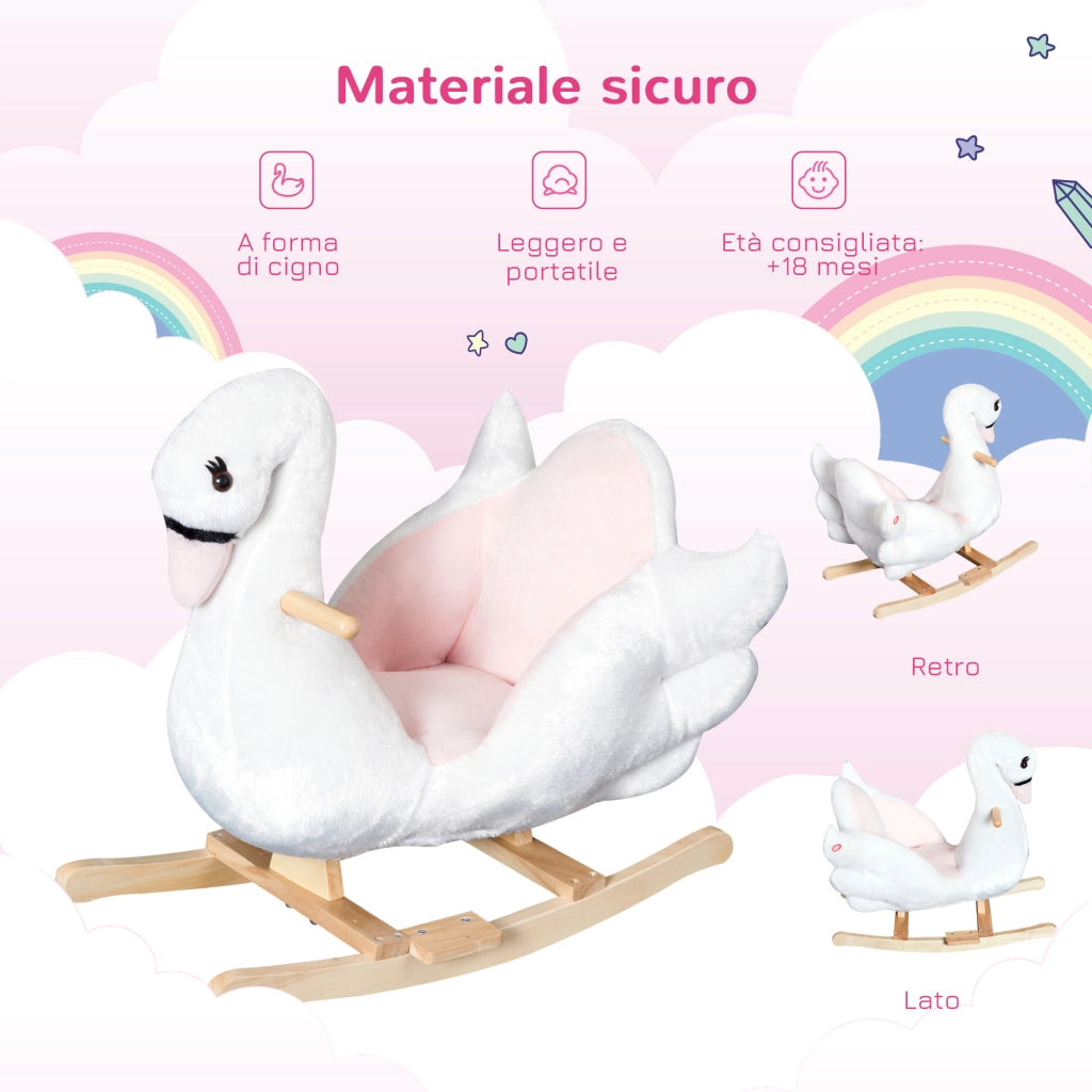 Cavallo a Dondolo Cigno con Musica ¨C Xylo ¨C Metallo Legno Peluche Bianco 60x32x55cm