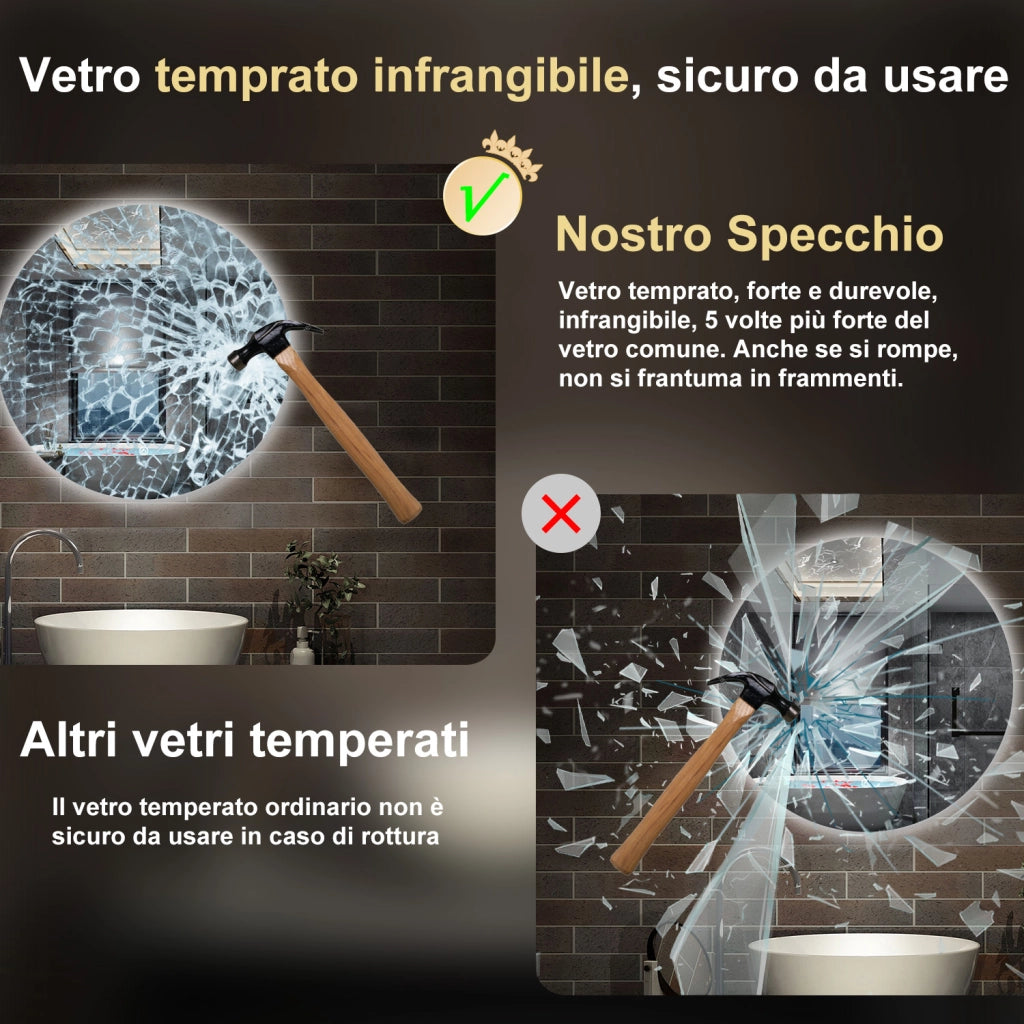 specchio 90 cm rotondo con luce led antiappannamento e touch
