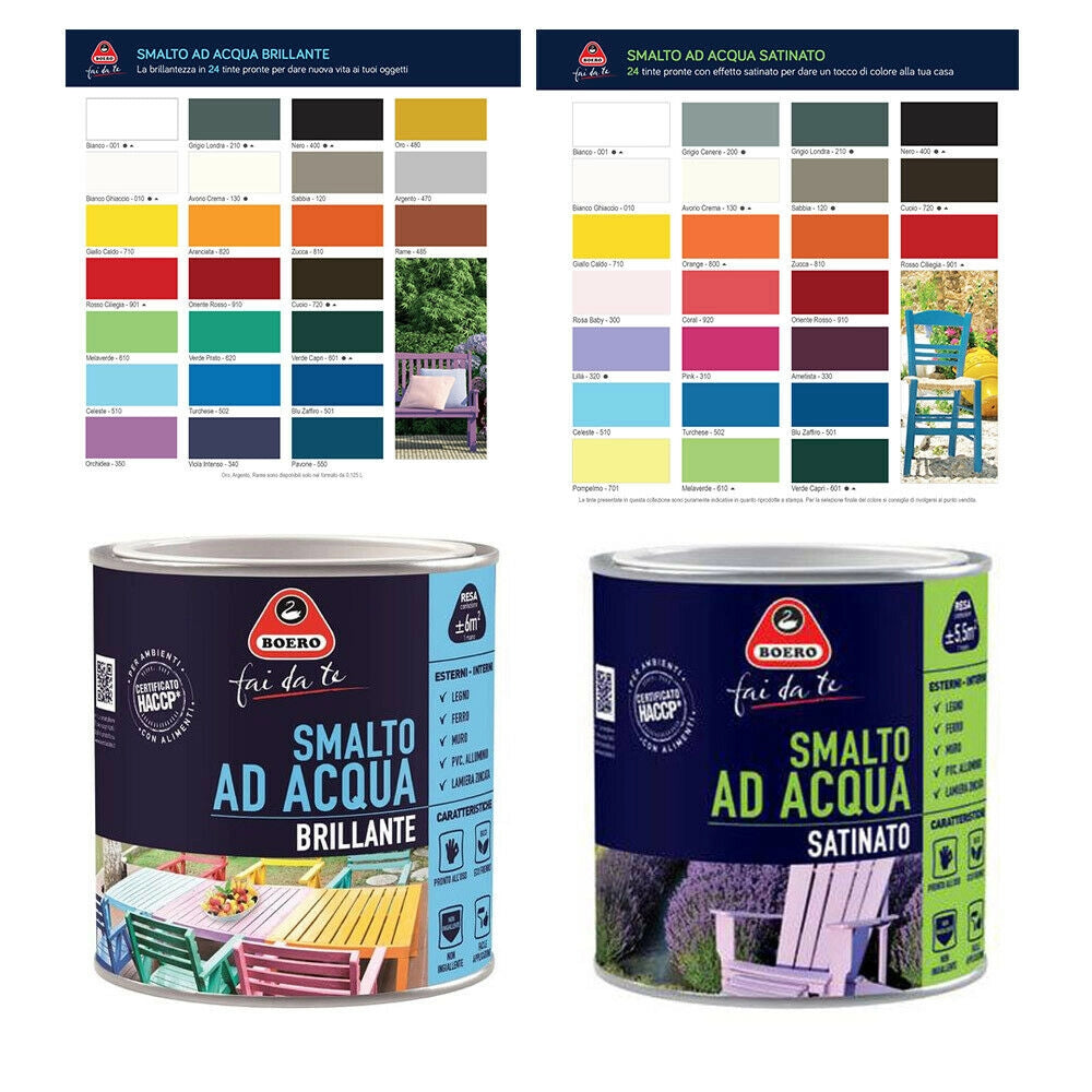 Smalto ad Acqua Brillante Satinato Inodore Ferro Legno Interno Esterno Boero Colori: Verde Capri Brillante, Formato: 0,125 L