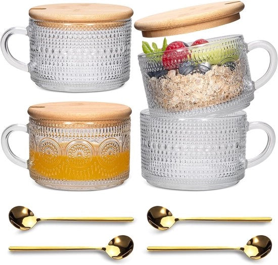 Set da caffè in vetro con decorazioni in bambù - design elegante - con 4 bicchieri