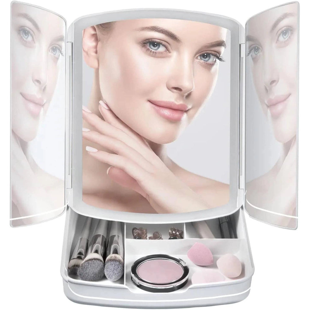 Trade Shop - Specchio Make Up Con Luci A Led E Cassetti Per Trucco Regolabile Pieghevole Away -