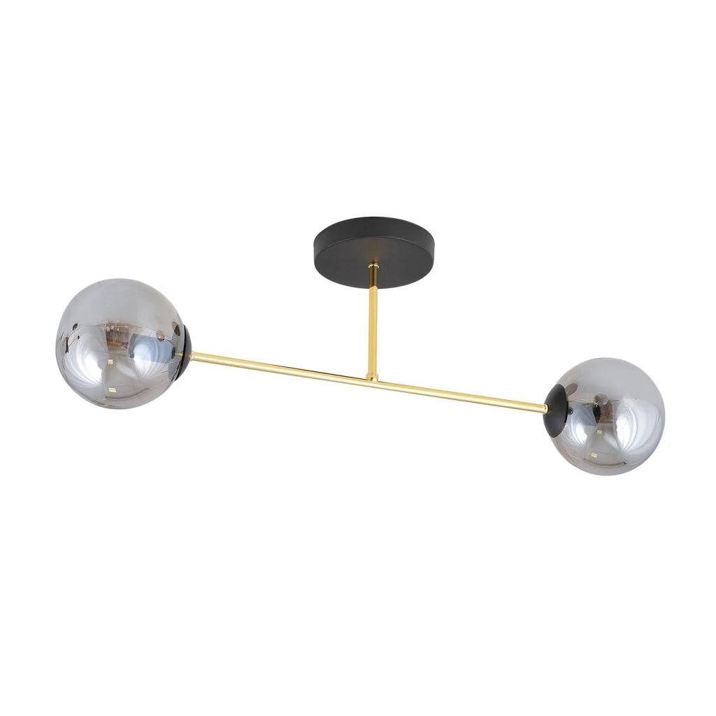Plafoniera Moderna Magnium 2 Luci In Acciao Oro E Sfere In Vetro Fumè