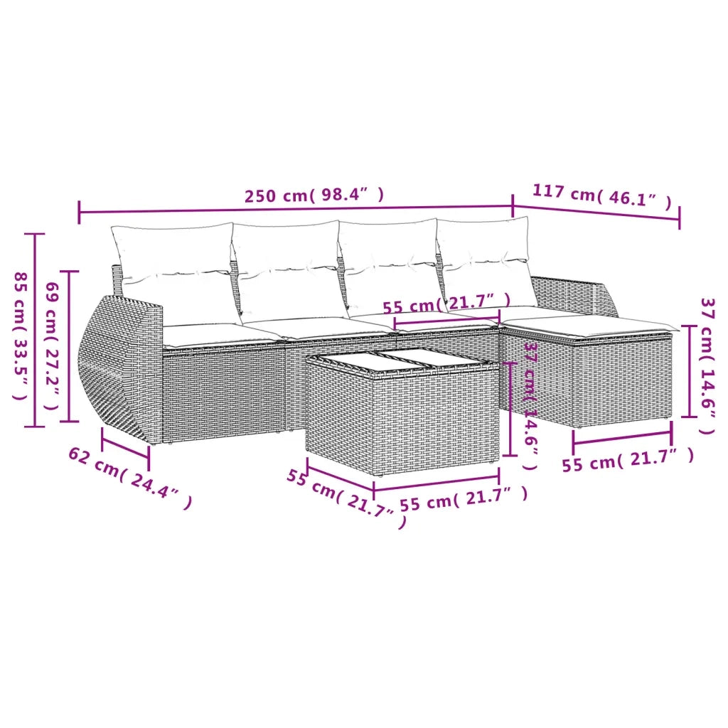 Set Divano da Giardino 6 pz con Cuscini Nero in Polyrattan 3253632