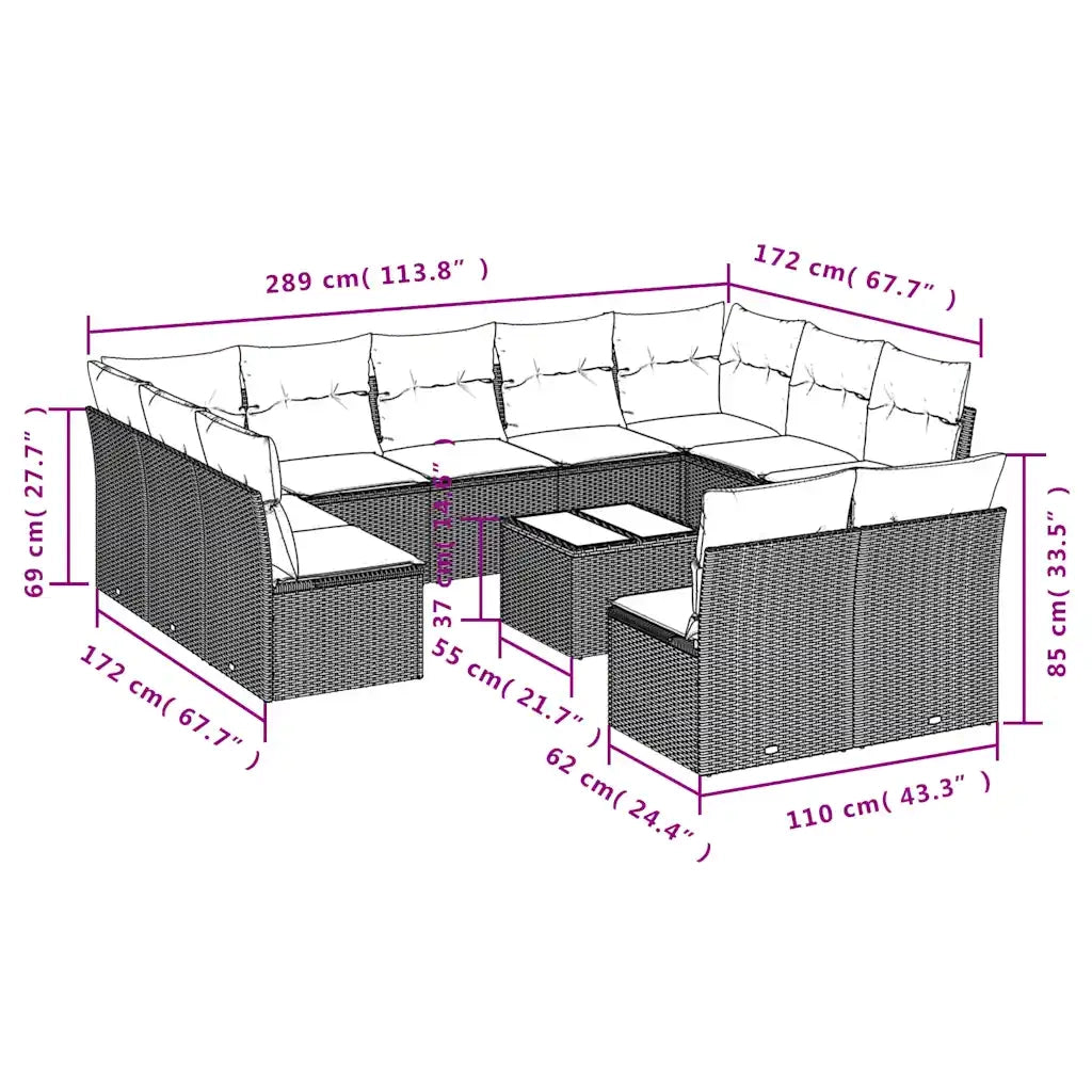 Set Divani da Giardino 12 pz con Cuscini Marrone in Polyrattan 3250202