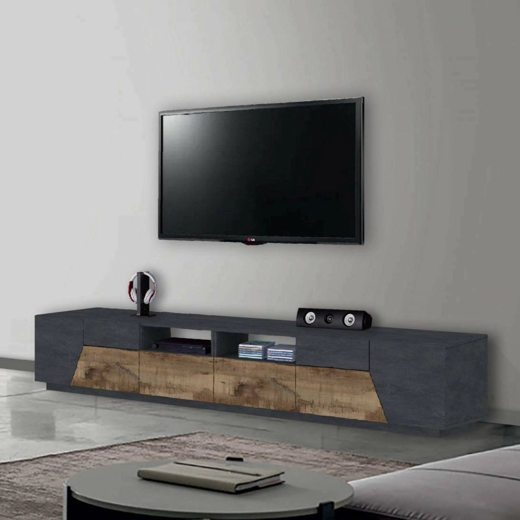 Mobile da soggiorno Porta Asdrubale, Made in Italy, Credenza per Asdrubale da salotto a 4 ante geometriche e 2 cassetti, Cm 260x43h46, Ardesia e Acero