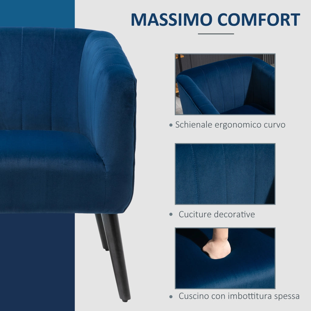 Poltrona Imbottita in Velluto ¨C Minimal ¨C Blu, Gambe in Legno, 70.5x70x76cm