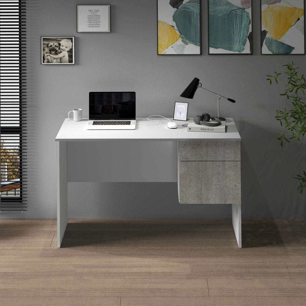WHOUS Scrivania Easy 1 anta e 1 cassetto bianco opaco e cemento 110x50x75 cm