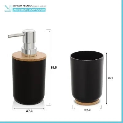 Set completo accessori bagno da appoggio in abs nero e bambù Surf