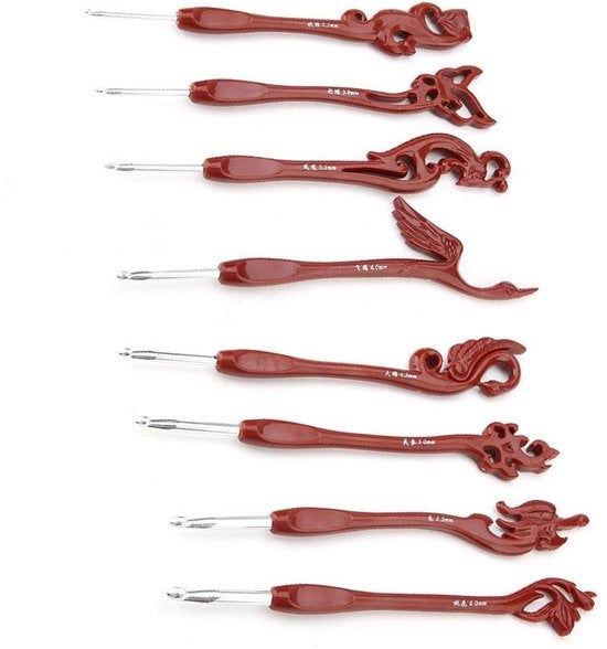 Set di uncini a 8 pezzi - Uncini in alluminio - Maniglia ergonomico - Disegno retro uccello - Adatto per cavi - Dimensioni 2,5-6 mm - Uncini a ago