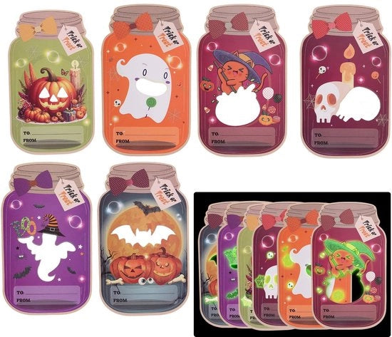 Carte da auguri per Halloween 48pz Luminose - Pacchi di caramelle - Attività di fai da te - Progetti di artigianato - Feste di Trick-or-Treat - Regali creativi - Carta 15,2 x 8,9 cm - Carte da festa per Halloween