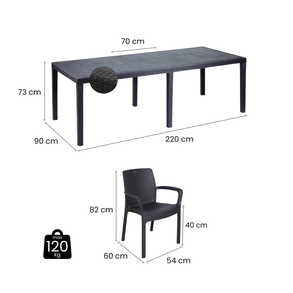 Set tavolo e sedie Arret, Ripiano rettangolare allungabile da esterno con 4 sedie incluse, Tavolo e sedute da giardino effetto rattan, 100% Made in Italy, Antracite