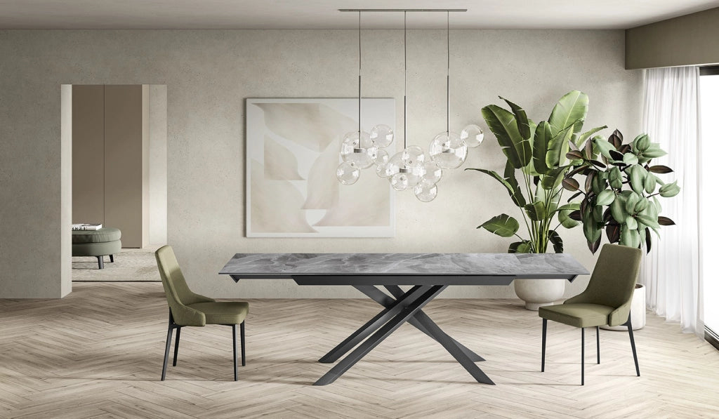 Tavolo Allungabile Cross 160-240x90 cm, Top in Ceramica Marmo Grigio Lucido, Struttura in Metallo Antracite - Design Moderno Esclusivo