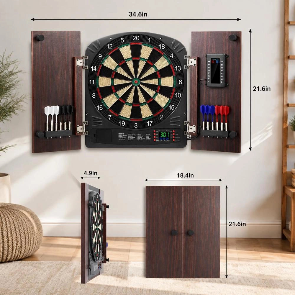 Dartboard And Cabinet Set Home Dart Board Center, 34.3 Cm Dartboard, Stowable Dart Cabinet With Electronic Scoring & Easy Assembly, Complete With All Accessories, Party