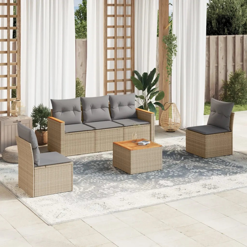 Set Divano da Giardino 6 pz con Cuscini-Sofa da Giardino-Divanetto da esterno Beige in Polyrattan 205079