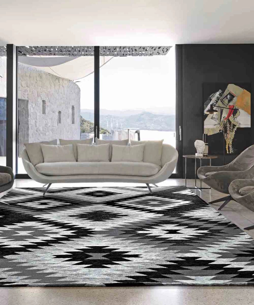 Coppia tappeti moderni AVANA NERO geometrico etnico kilim, passatoie arredo camera matrimoniale scendiletto lavabili anti-scivolo cm.65x110 (Coppia)