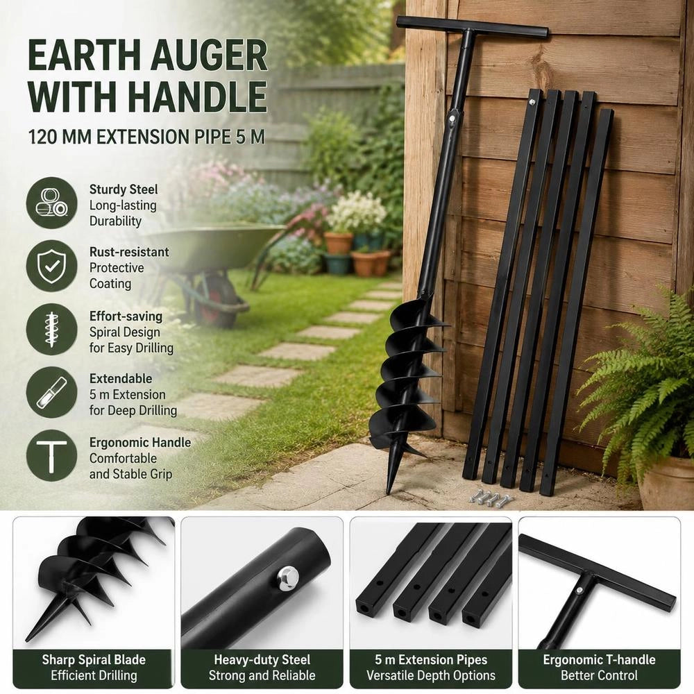 Earth Auger With Handle, 120 Mm Extension Tube, 5 M